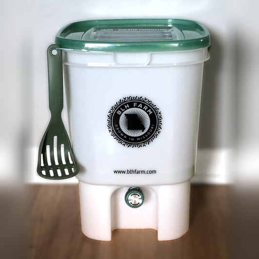 BLH Farm bokashi bin with green lid, masher and drain spigot