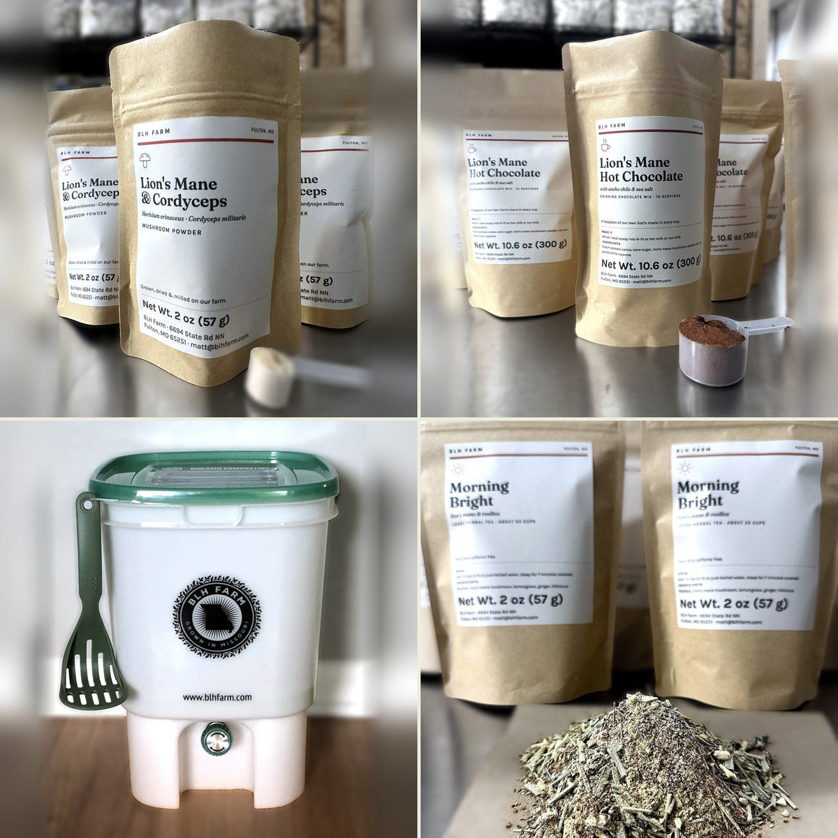 BLH Farm mushroom powder, lion's mane hot chocolate, bokashi bin and Morning Bright tea