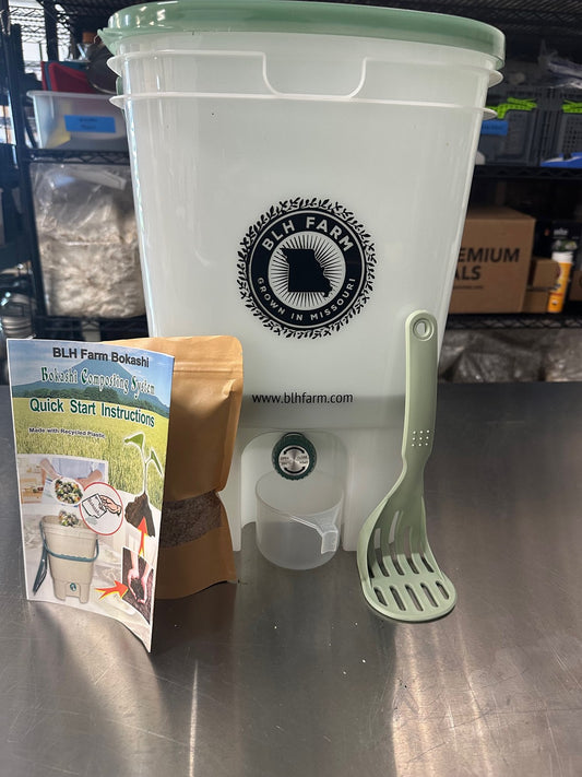 Single bokashi bin set with bran, scoop, and instructions