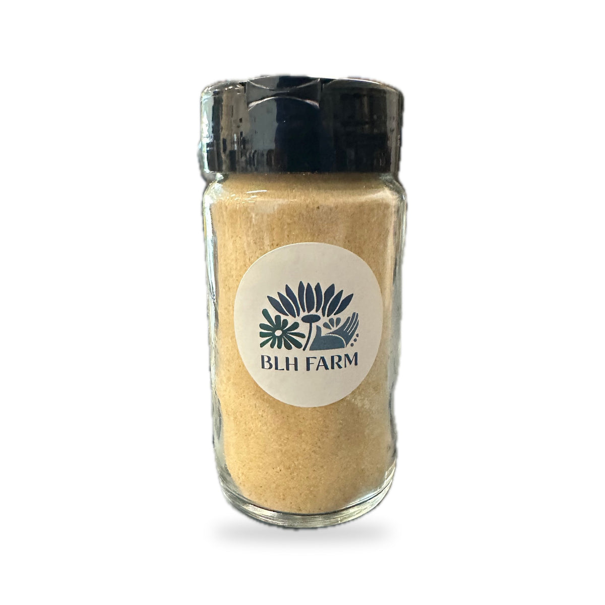 BLH Farm Lion's Mane & Cordyceps Mushroom Powder in a glass shaker jar