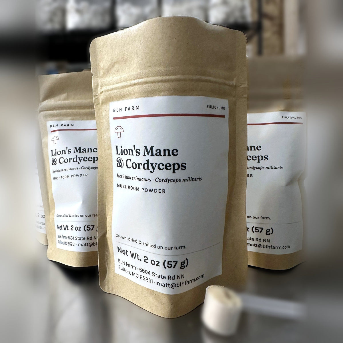 Lion's Mane & Cordyceps mushroom powder 2 oz kraft pouches with scoop