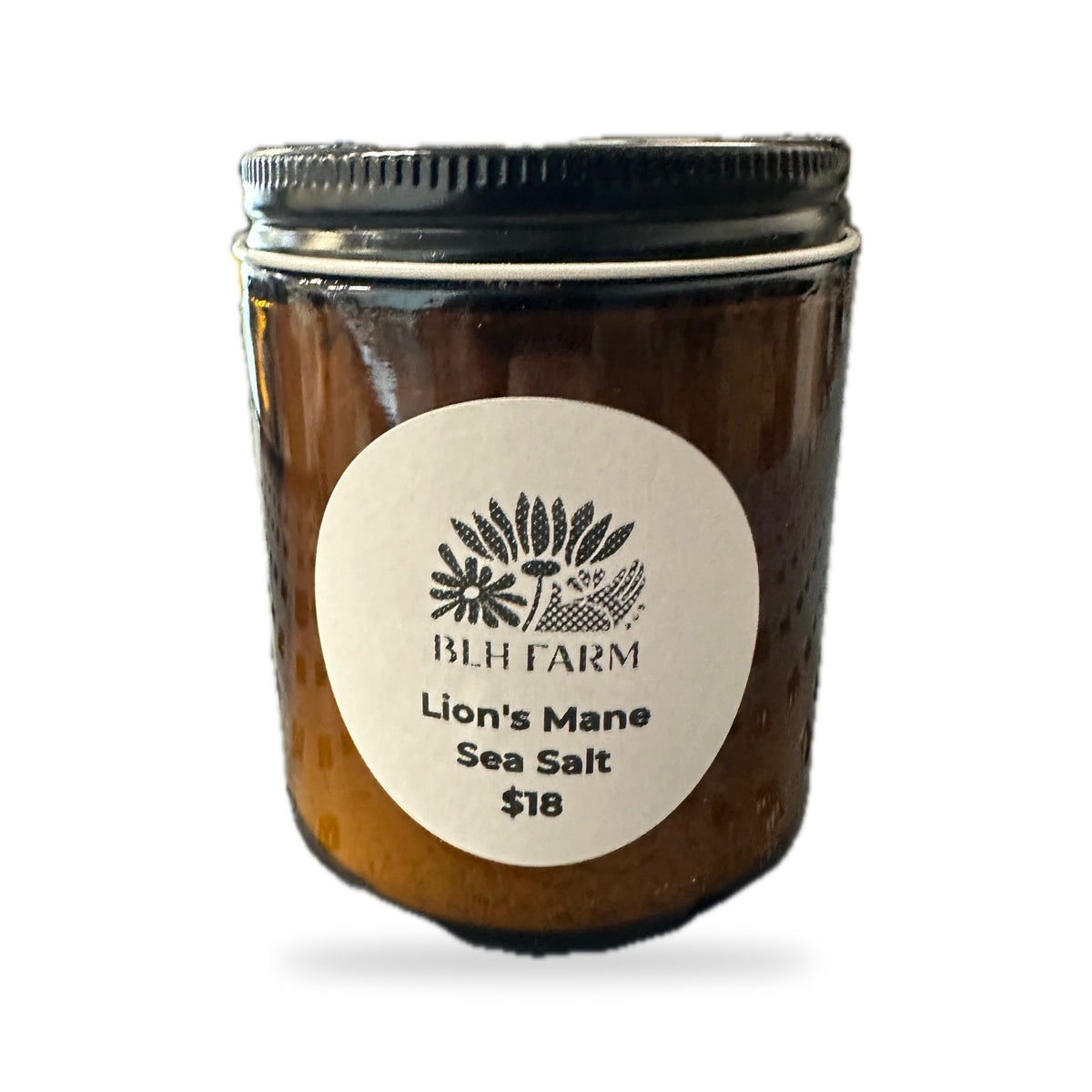 BLH Farm Lion's Mane Sea Salt in an amber glass jar