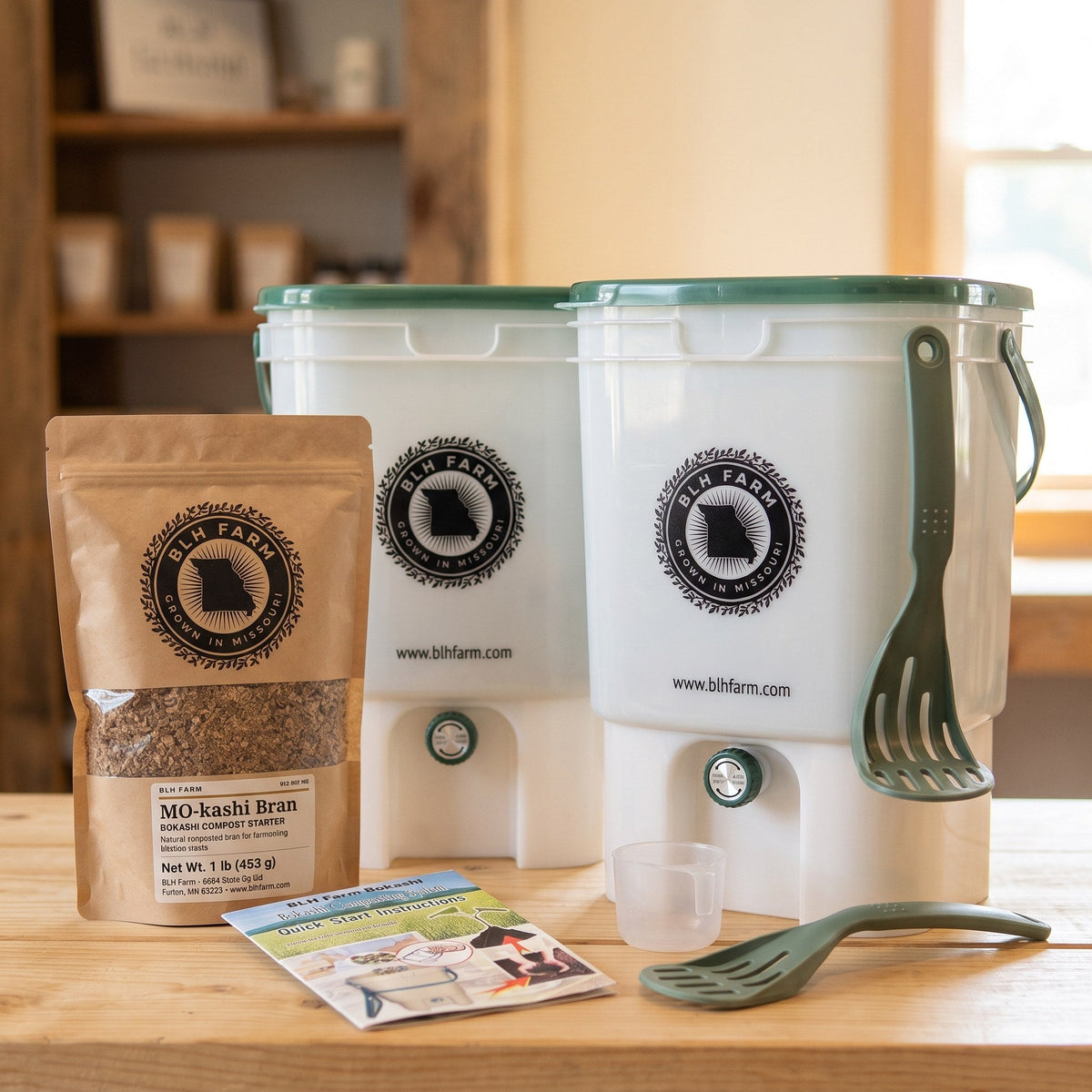 BLH Farm 2 Bin Bokashi Starter Kit with two bins, mashers, bran and quick start guide