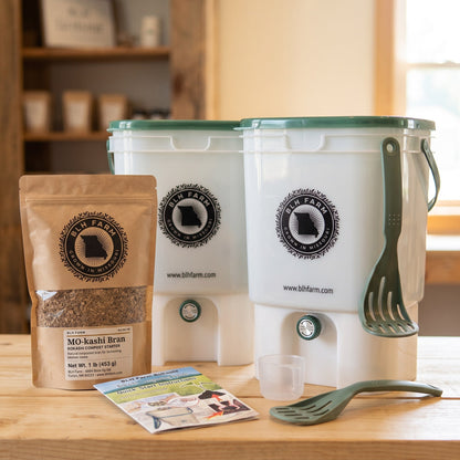 BLH Farm 2 Bin Bokashi Starter Kit with two bins, mashers, bran and quick start guide