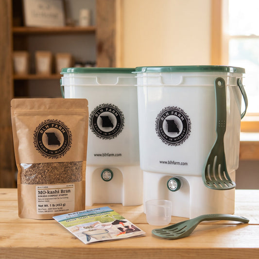 BLH Farm 2 Bin Bokashi Starter Kit with two bins, mashers, bran and quick start guide