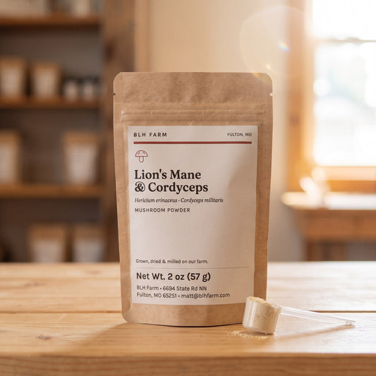 Lion's Mane & Cordyceps mushroom powder 2 oz pouch with a scoop