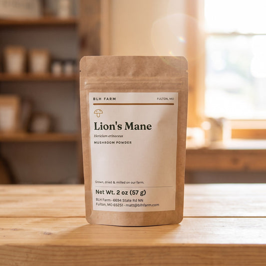 Lion's Mane mushroom powder 2 oz kraft pouch on a wood counter
