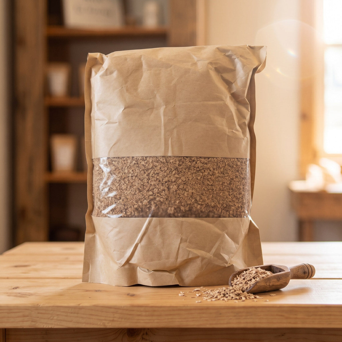 1 lb kraft bag of MO-kashi bokashi bran with a wooden scoop
