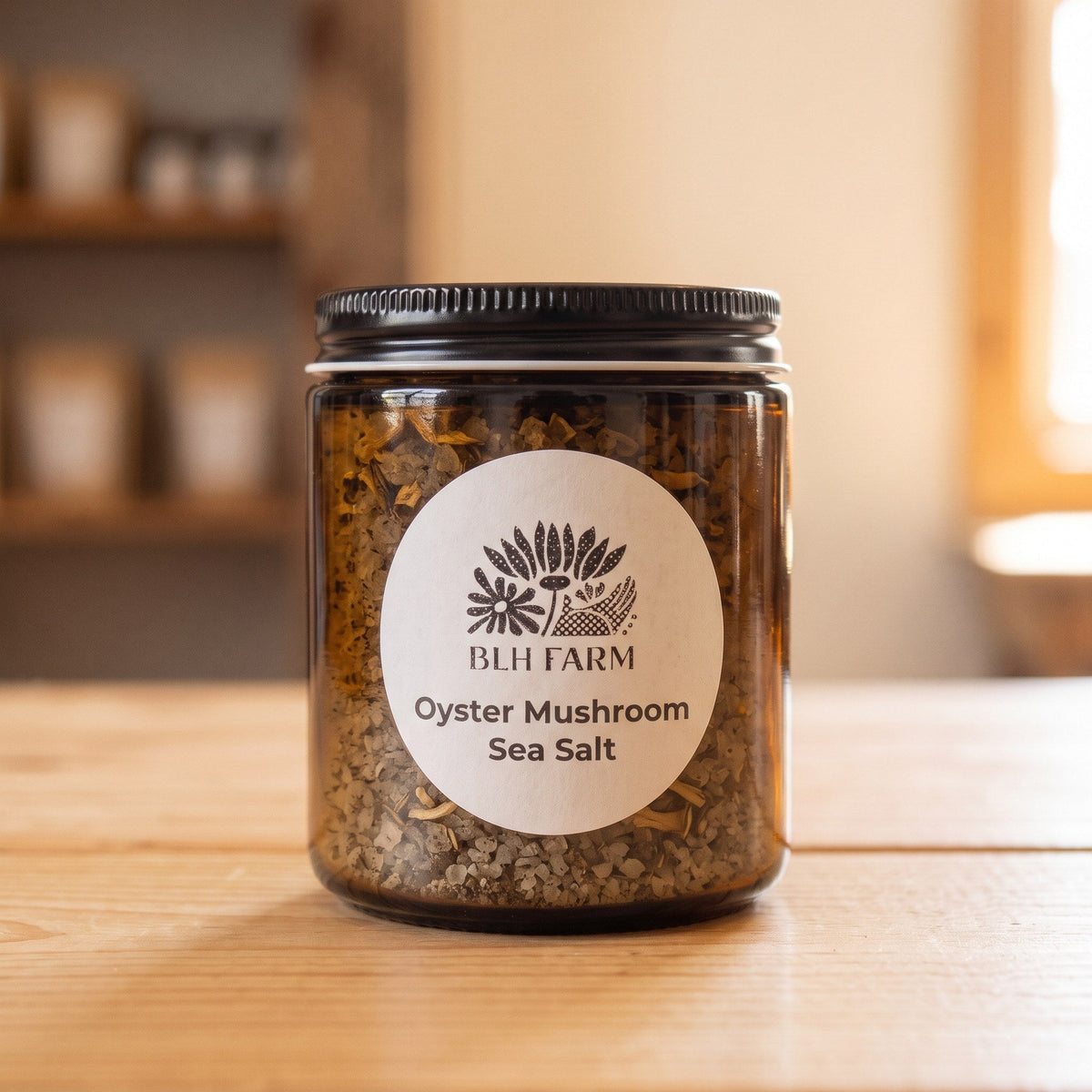 BLH Farm Oyster Mushroom Sea Salt in an amber glass jar
