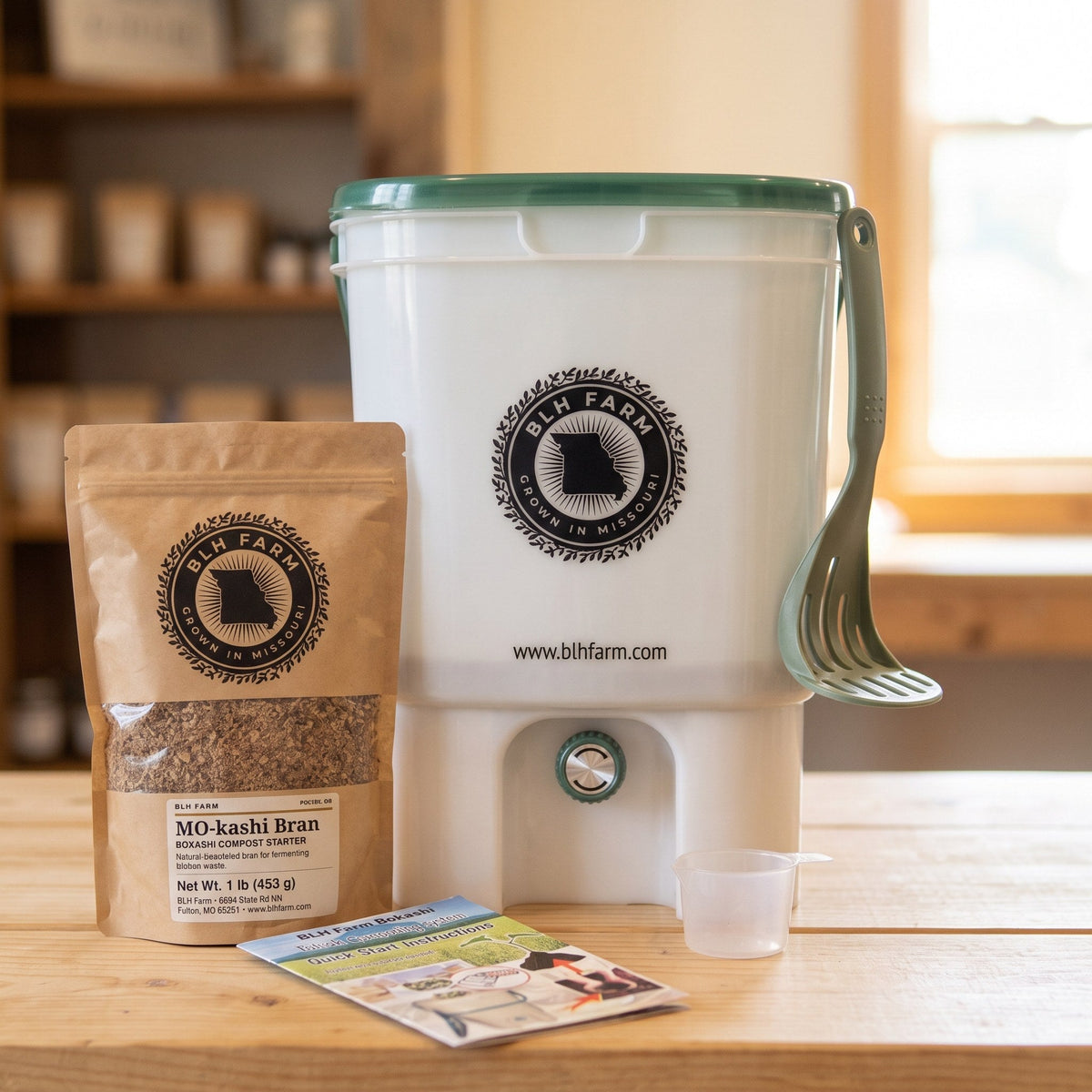 BLH Farm single bokashi bin with masher, bran and quick start guide