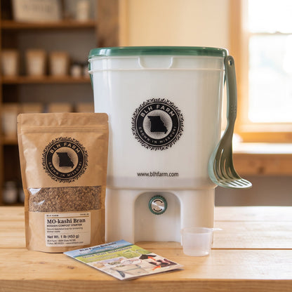 BLH Farm single bokashi bin with masher, bran and quick start guide